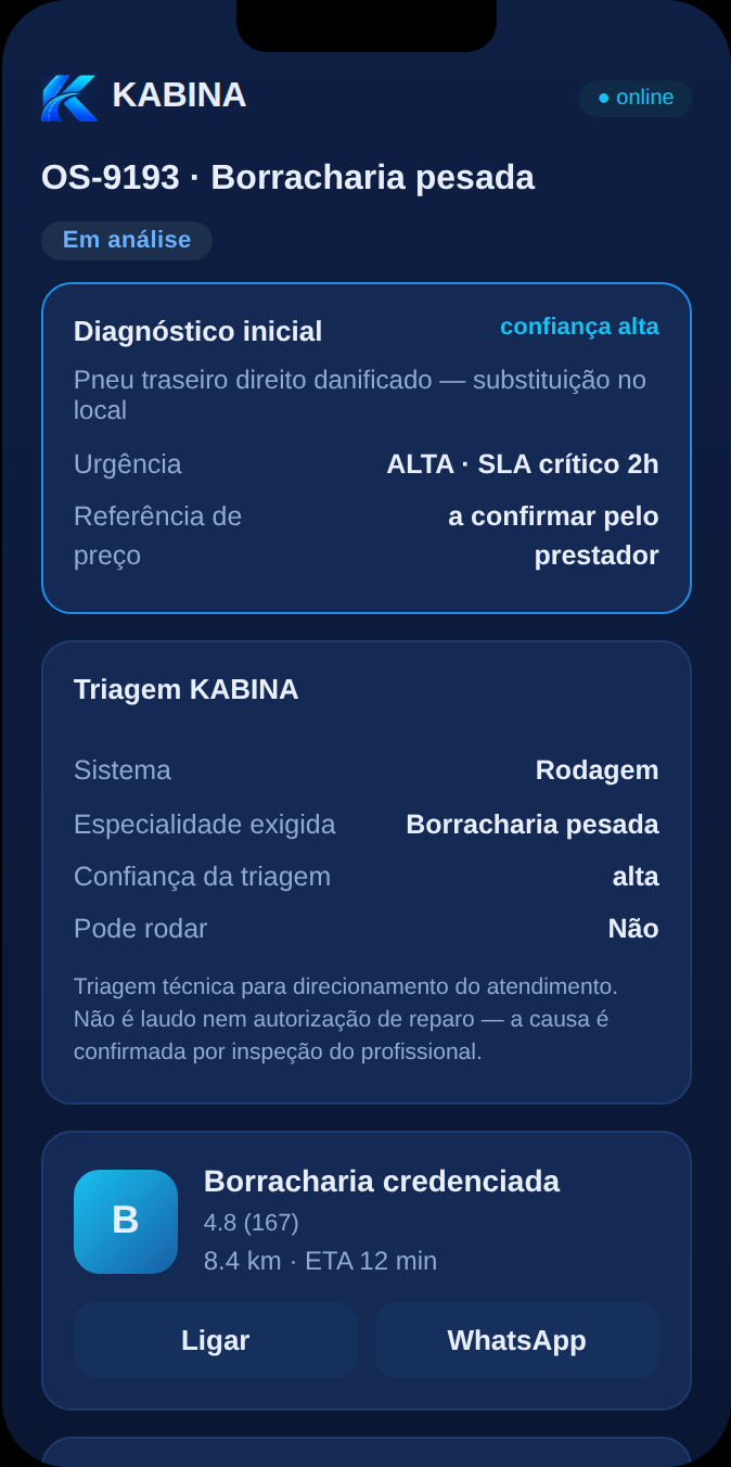 Tela do celular do motorista acompanhando a ocorrência: diagnóstico inicial, prestador a caminho com tempo estimado e etapas