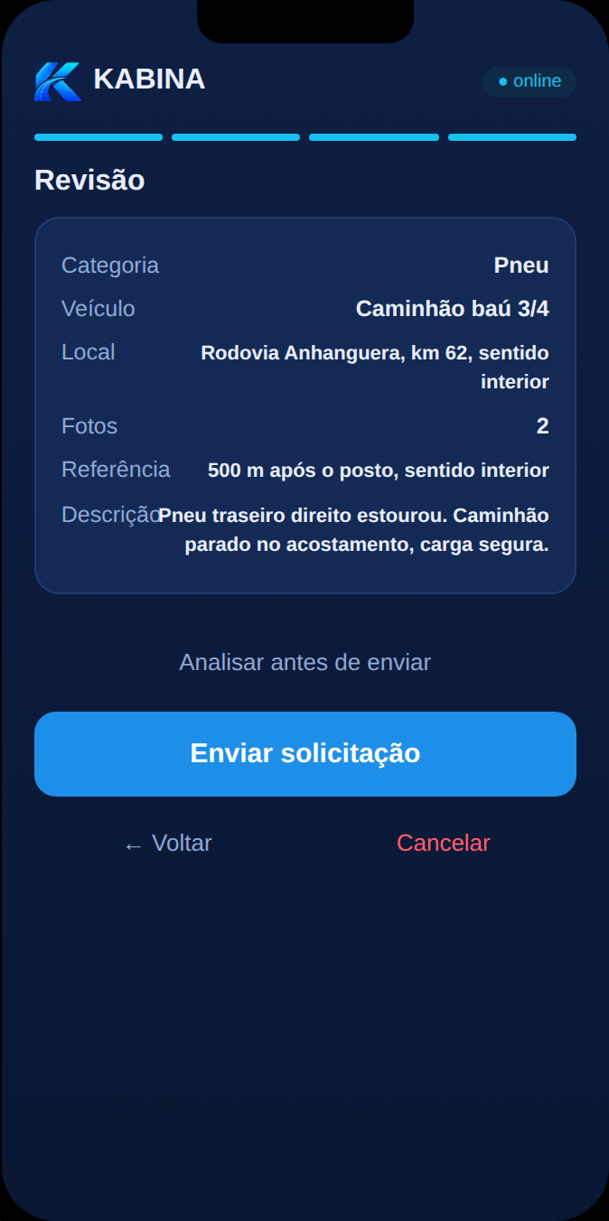 Tela do celular do motorista na demonstração: revisão do relato com categoria pneu, veículo, local na rodovia, duas fotos e descrição