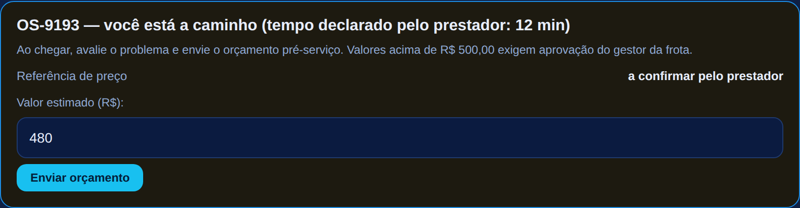 Portal do prestador: cartão da ocorrência a caminho com o campo de orçamento preenchido com R$ 480 e o aviso de que valores acima de R$ 500 exigem aprovação do gestor